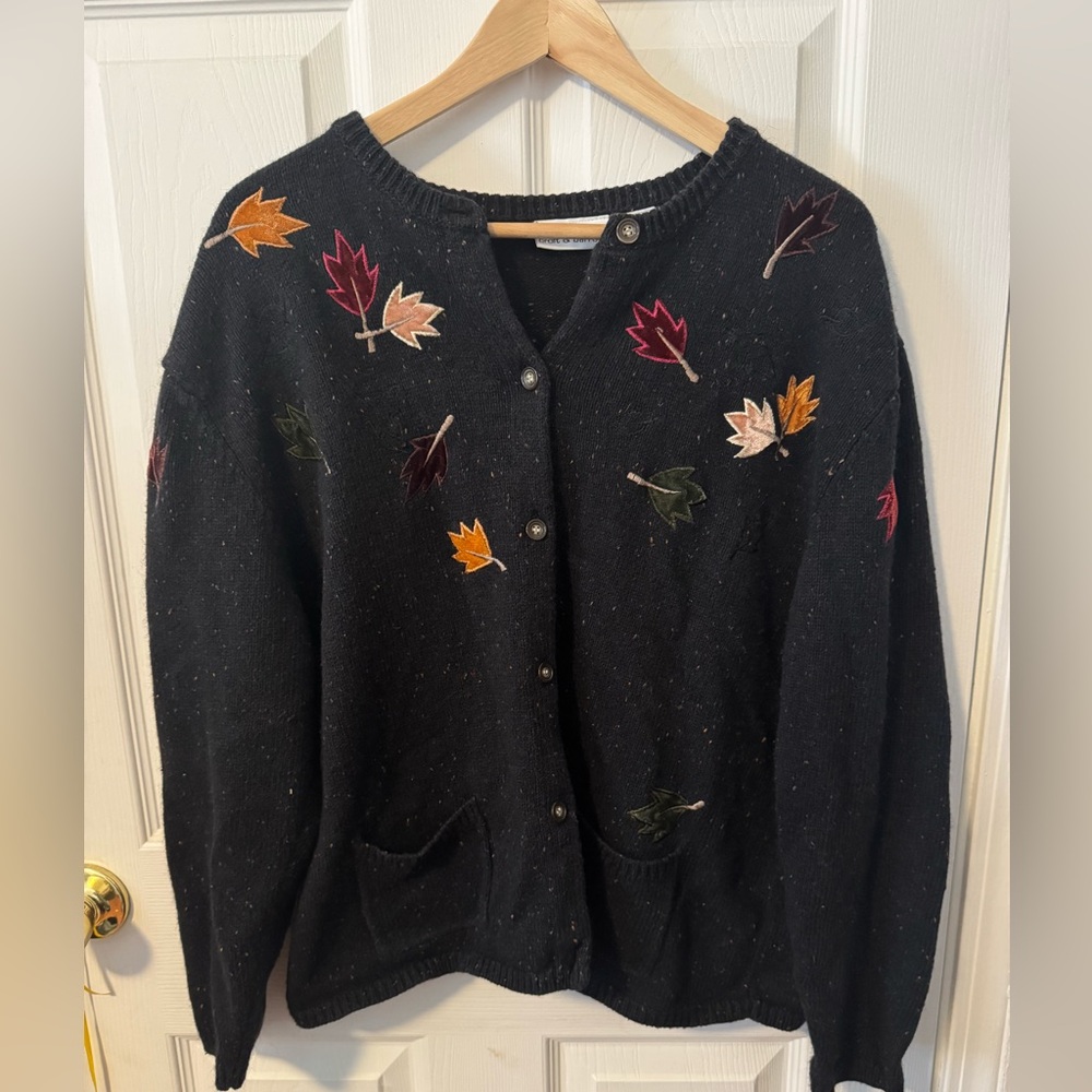 croft & barrow Black Cardigan Sweater with Multicolor Autumn Leaf Embroidery
